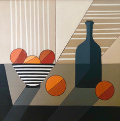 Bowl of Oranges With Blue Bottle