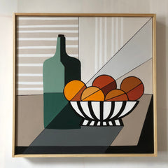 Bowl of Oranges With Green Bottle