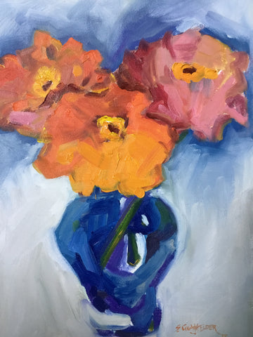 Zinnias in a Blue Vase